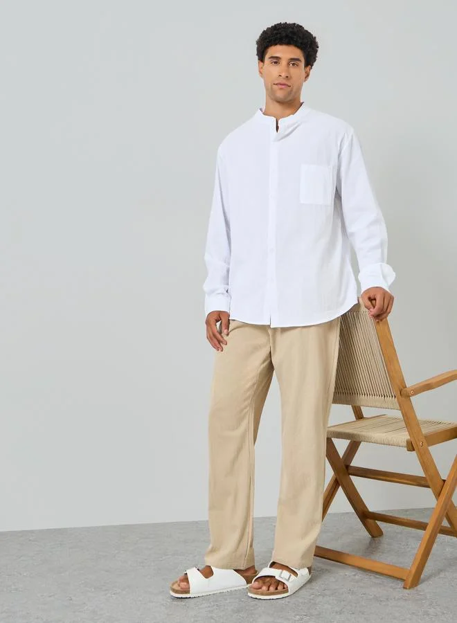 Take Two Men White Mandarin Collar Linen Shirt